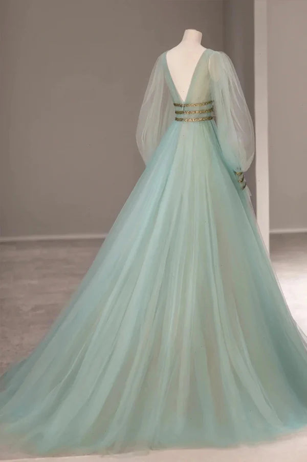Wholesale Green Tulle Long Prom Dress with Sequins Green Long Sleeve Evening Party Dress